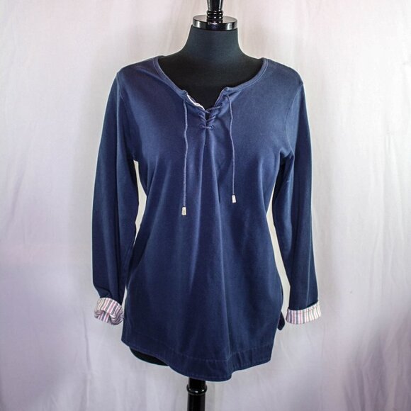LL Bean Top Long Sleeve Cotton Blend Laced Henley Style Blue White Red S… - Picture 1 of 5